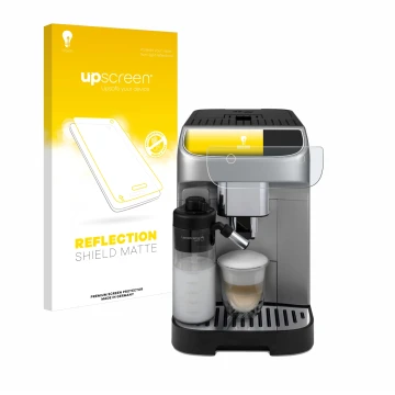Front side of a product packaging with the brand logo upscreen. Next to it is the device DeLonghi Magnifica Plus shown with th