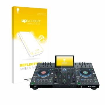 Front side of a product packaging with the brand logo upscreen. Next to it is the device Denon DJ Prime 4+ shown with the corr