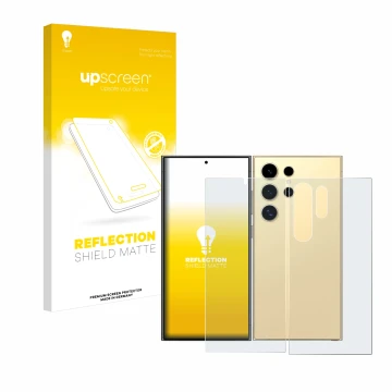 Front side of a product packaging with the brand logo upscreen. Next to it is the device Samsung Galaxy S24 Ultra (case-friend