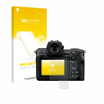 Front side of a product packaging with the brand logo upscreen. Next to it is the device Nikon Z 8 (Display + top plate displa