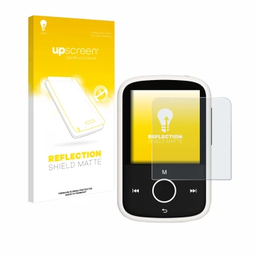 Front side of a product packaging with the brand logo upscreen. Next to it is the device Majority MP3 16GB shown with the corr