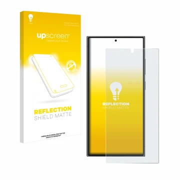 Front side of a product packaging with the brand logo upscreen. Next to it is the device Samsung Galaxy S24 Ultra shown with t