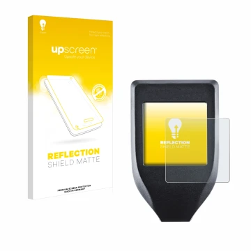 Front side of a product packaging with the brand logo upscreen. Next to it is the device Trezor Model T shown with the corresp