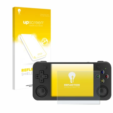 Front side of a product packaging with the brand logo upscreen. Next to it is the device Anbernic RG35XX H shown with the corr