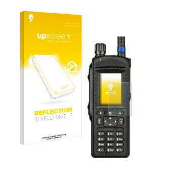 Front side of a product packaging with the brand logo upscreen. Next to it is the device Motorola MTP6650 shown with the corre