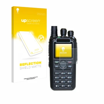 Front side of a product packaging with the brand logo upscreen. Next to it is the device AnyTone AT-D878UV II Plus shown with 