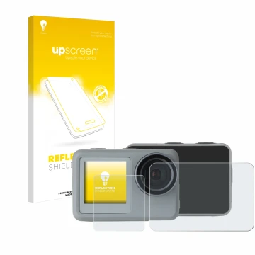 Front side of a product packaging with the brand logo upscreen. Next to it is the device Rollei Actioncam 9s Plus shown with t