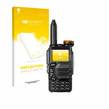 Front side of a product packaging with the brand logo upscreen. Next to it is the device Quansheng UV-K5 shown with the corres