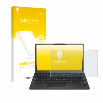 Front side of a product packaging with the brand logo upscreen. Next to it is the device Fujitsu Lifebook U9312 shown with the