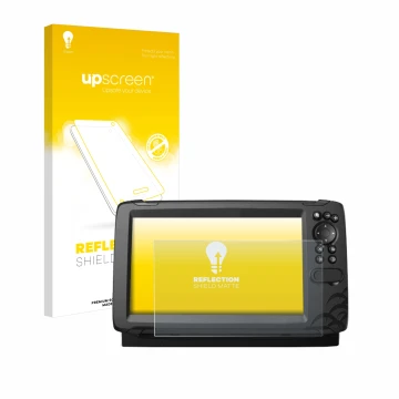 Front side of a product packaging with the brand logo upscreen. Next to it is the device Lowrance HOOK Reveal 9 shown with the