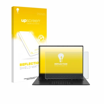 Front side of a product packaging with the brand logo upscreen. Next to it is the device ASUS ZenBook 14 OLED UM3406 shown wit