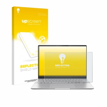 Front side of a product packaging with the brand logo upscreen. Next to it is the device ASUS Vivobook S 14 OLED M5406 shown w