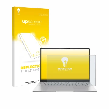 Front side of a product packaging with the brand logo upscreen. Next to it is the device ASUS Vivobook S16 OLED M5606 shown wi