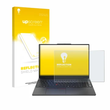 Front side of a product packaging with the brand logo upscreen. Next to it is the device Lenovo ThinkPad E16 Gen 2 shown with 