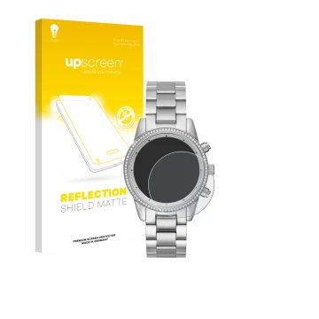 Front side of a product packaging with the brand logo upscreen. Next to it is the device Michael Kors Ritz MK6428 shown with t