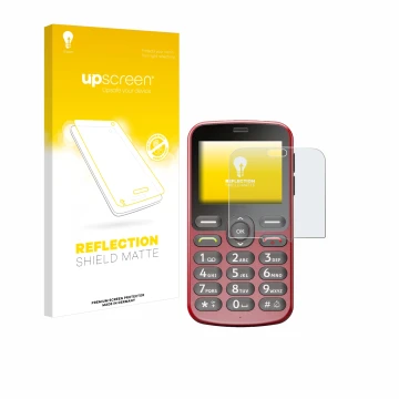 Front side of a product packaging with the brand logo upscreen. Next to it is the device Doro 1880 shown with the correspondin