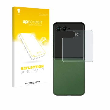 Front side of a product packaging with the brand logo upscreen. Next to it is the device Motorola Razr 50 (Back display) shown
