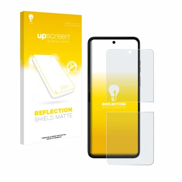 Front side of a product packaging with the brand logo upscreen. Next to it is the device Motorola Razr 50 Ultra shown with the