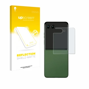 Front side of a product packaging with the brand logo upscreen. Next to it is the device Motorola Razr 50 Ultra (Back display)