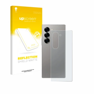 Front side of a product packaging with the brand logo upscreen. Next to it is the device Samsung Galaxy Z Fold 6 5G (Back) sho