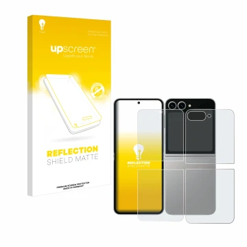 Front side of a product packaging with the brand logo upscreen. Next to it is the device Samsung Galaxy Z Flip 6 (Front+Back) 