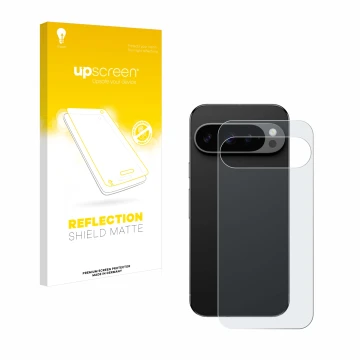 Front side of a product packaging with the brand logo upscreen. Next to it is the device Google Pixel 9 Pro (Back) shown with 