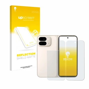 Front side of a product packaging with the brand logo upscreen. Next to it is the device Google Pixel 9 Pro Fold (Front+Back) 
