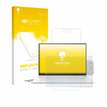 Front side of a product packaging with the brand logo upscreen. Next to it is the device ASUS ZenBook S 16 shown with the corr