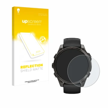 Front side of a product packaging with the brand logo upscreen. Next to it is the device Garmin Fenix 8 AMOLED (47 mm) shown w