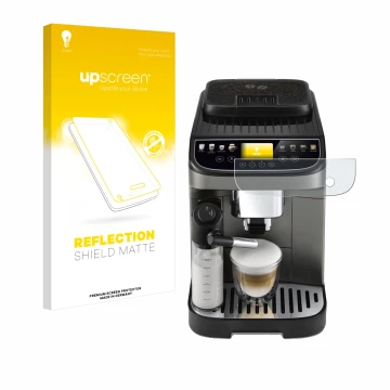 Front side of a product packaging with the brand logo upscreen. Next to it is the device DeLonghi Magnifica Evo Next shown wit