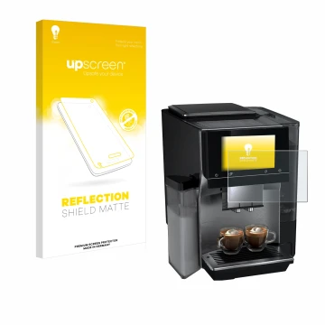 Front side of a product packaging with the brand logo upscreen. Next to it is the device Siemens EQ700 shown with the correspo