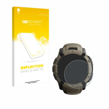 Front side of a product packaging with the brand logo upscreen. Next to it is the device Garmin Instinct 2X Solar Tactical Edi