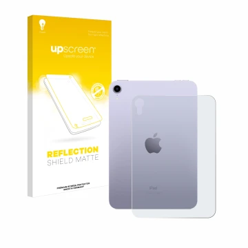 Front side of a product packaging with the brand logo upscreen. Next to it is the device Apple iPad Mini 7 2024 (Back) shown w