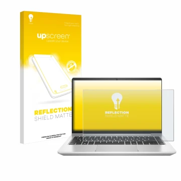 Front side of a product packaging with the brand logo upscreen. Next to it is the device HP ProBook 445 G9 shown with the corr