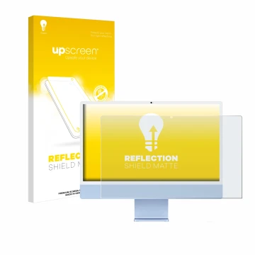 Front side of a product packaging with the brand logo upscreen. Next to it is the device Apple iMac 24