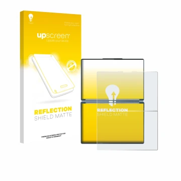 Front side of a product packaging with the brand logo upscreen. Next to it is the device Lenovo Yoga Book 9i Gen 10 shown with