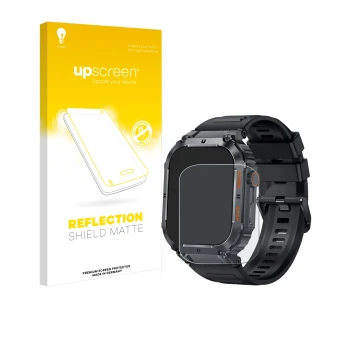 Front side of a product packaging with the brand logo upscreen. Next to it is the device bedee Smartwatch 1.96