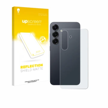 Front side of a product packaging with the brand logo upscreen. Next to it is the device Samsung Galaxy S25 (Back) shown with 