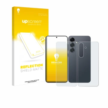 Front side of a product packaging with the brand logo upscreen. Next to it is the device Samsung Galaxy S25 (Front+Back) shown