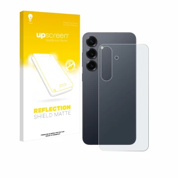 Front side of a product packaging with the brand logo upscreen. Next to it is the device Samsung Galaxy S25 Plus (Back) shown 