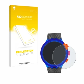 Front side of a product packaging with the brand logo upscreen. Next to it is the device Swatch Neon Party shown with the corr