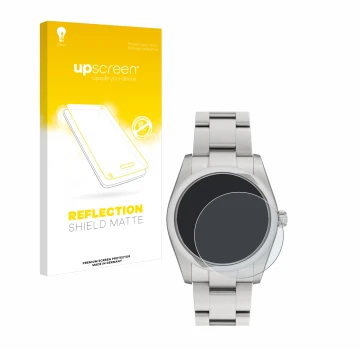 Front side of a product packaging with the brand logo upscreen. Next to it is the device Rolex Oyster Perpetual 34 shown with 