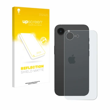Front side of a product packaging with the brand logo upscreen. Next to it is the device Apple iPhone 16e (Back) shown with th