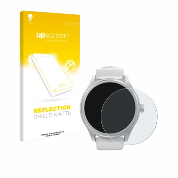 Front side of a product packaging with the brand logo upscreen. Next to it is the device Hama Smartwatch 5010 shown with the c