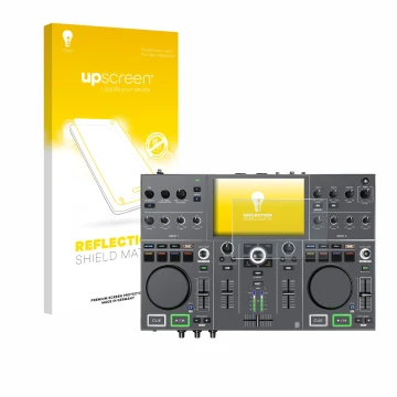Front side of a product packaging with the brand logo upscreen. Next to it is the device Denon DJ Prime Go+ shown with the cor