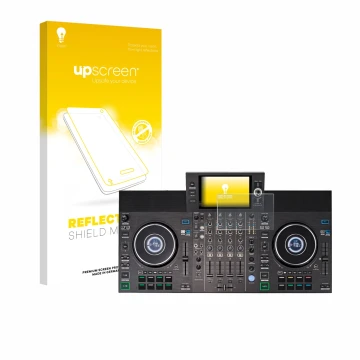 Front side of a product packaging with the brand logo upscreen. Next to it is the device Denon DJ SC LIVE 4 (Jog) shown with t