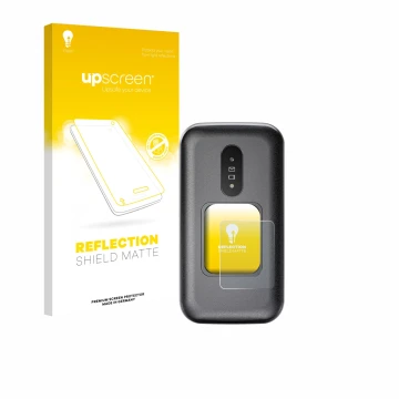 Front side of a product packaging with the brand logo upscreen. Next to it is the device Doro 2880 (Outer display) shown with 