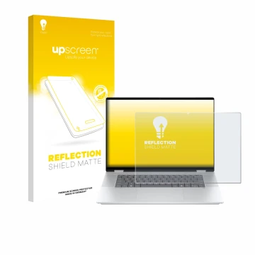 Front side of a product packaging with the brand logo upscreen. Next to it is the device HP OmniBook X Flip 16-aX shown with t