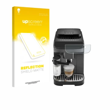 Front side of a product packaging with the brand logo upscreen. Next to it is the device DeLonghi Magnifica Evo shown with the