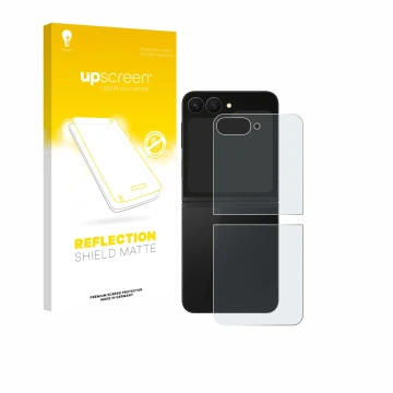 Front side of a product packaging with the brand logo upscreen. Next to it is the device Samsung Galaxy Z Flip 7 FE (Back) sho